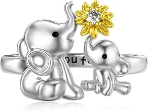 Family 2 Elephants Animal Stacking Ring Elephant Ring Mama and Baby Elephant Silver Daisy Rings for Women Girl