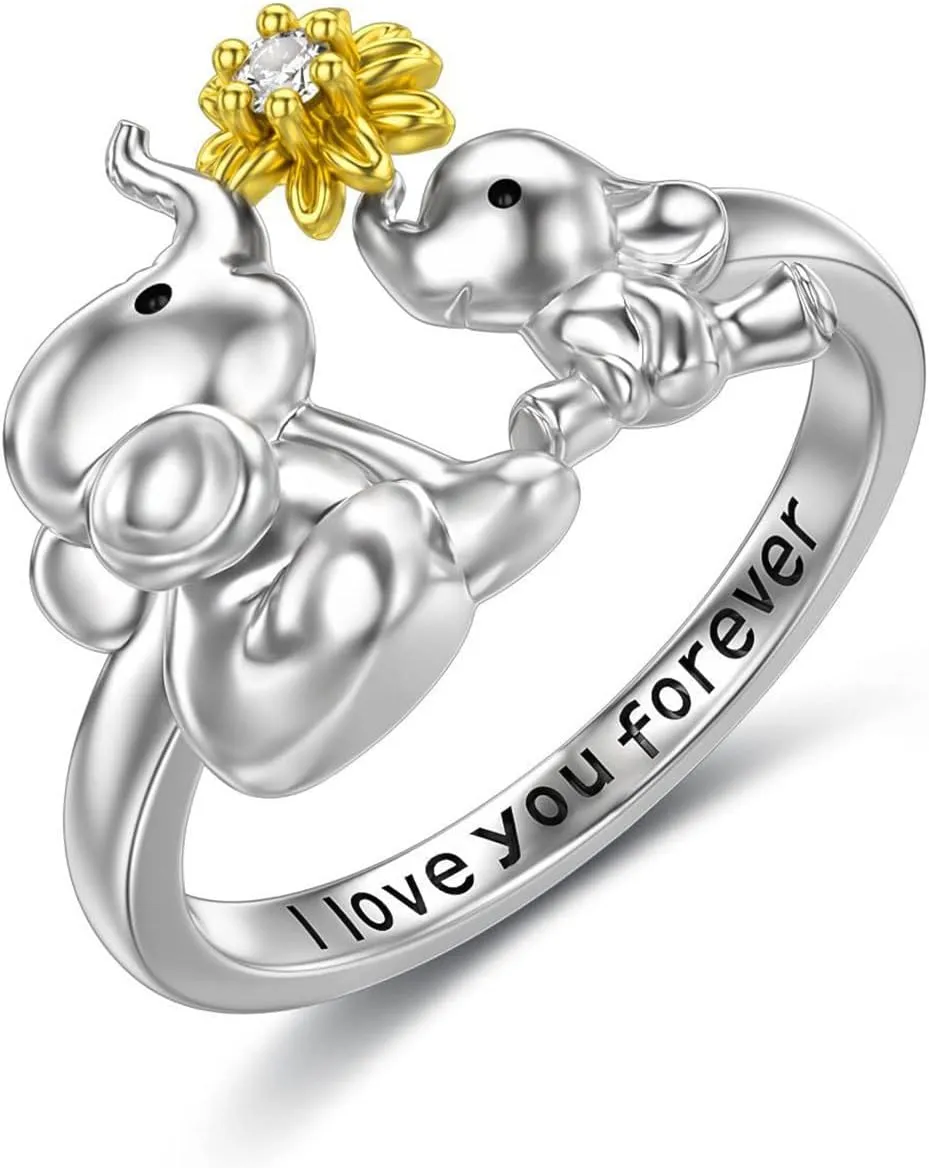 Family 2 Elephants Animal Stacking Ring Elephant Ring Mama and Baby Elephant Silver Daisy Rings for Women Girl