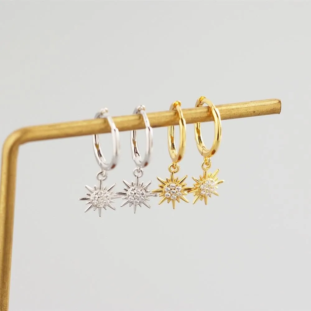 fashion minimalist earrings 925 sterling silver sun flower drop earrings 18K gold plated star hoop earrings for women (silver)