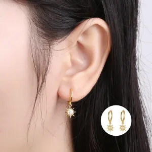fashion minimalist earrings 925 sterling silver sun flower drop earrings 18K gold plated star hoop earrings for women (silver)