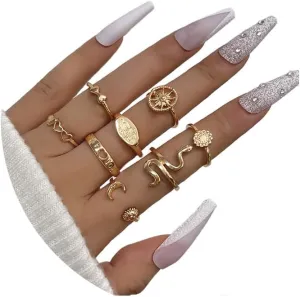 FUTIMELY Boho Gold Knuckle Rings Set for Women,Vintage 14K Gold Plated Stackable Joint Finger Ring Snake Heart Star Moon Eye Stacking Finger Ring Jewelry