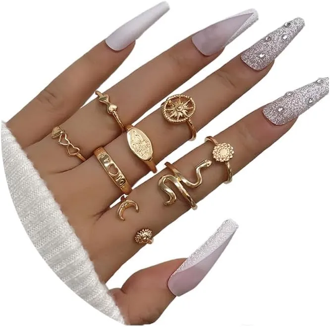 FUTIMELY Boho Gold Knuckle Rings Set for Women,Vintage 14K Gold Plated Stackable Joint Finger Ring Snake Heart Star Moon Eye Stacking Finger Ring Jewelry