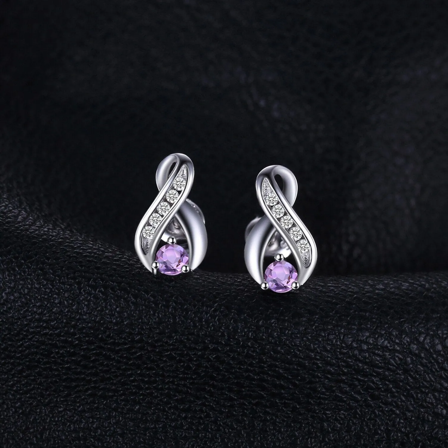 Genuine Purple Amethyst  Stud Earrings - 925 Sterling Silver