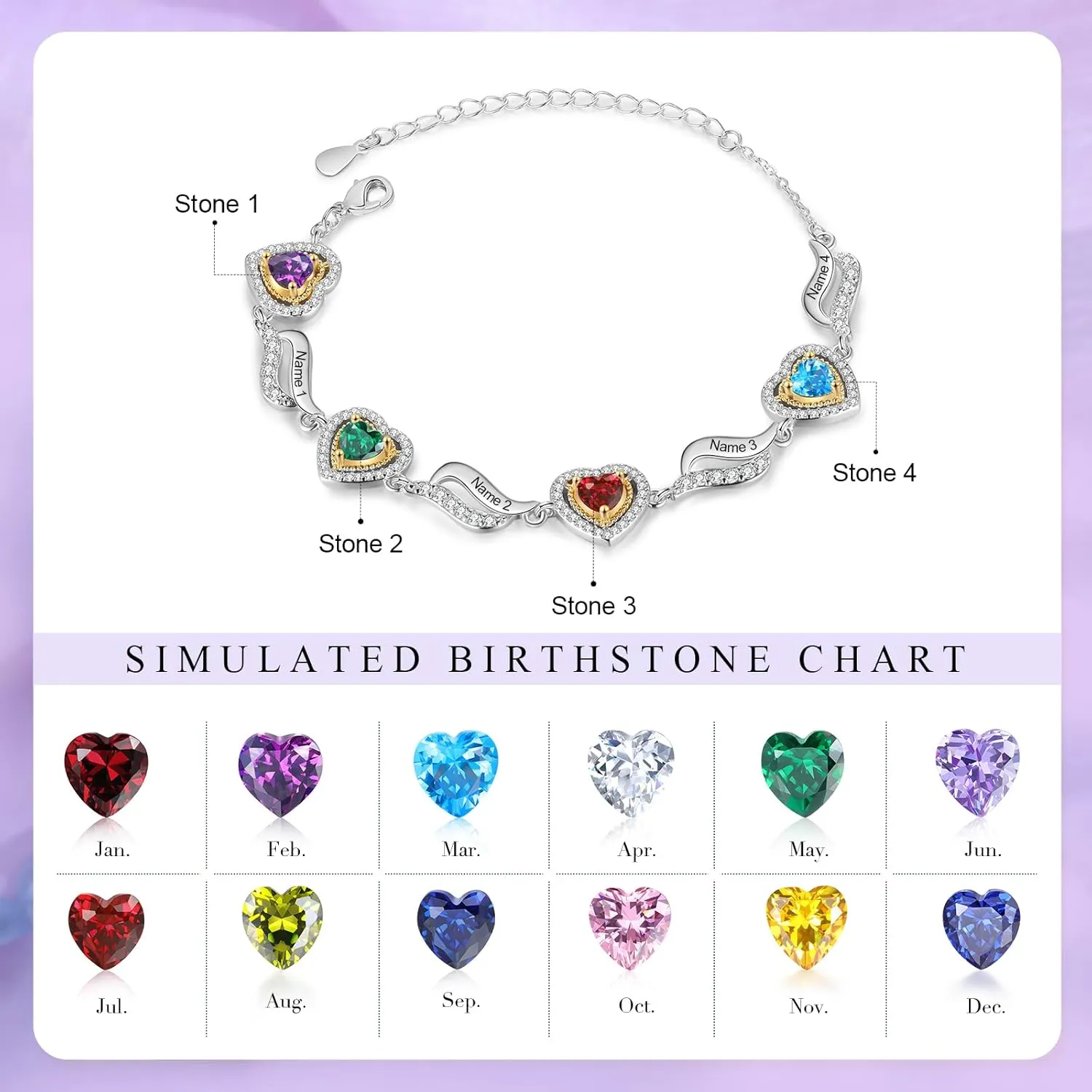 Gifts for Mom Personalized Birthstone Bracelets for Women Heart Link Bracelets Custom Names Birthstone Bracelets Gifts for Mother's Day