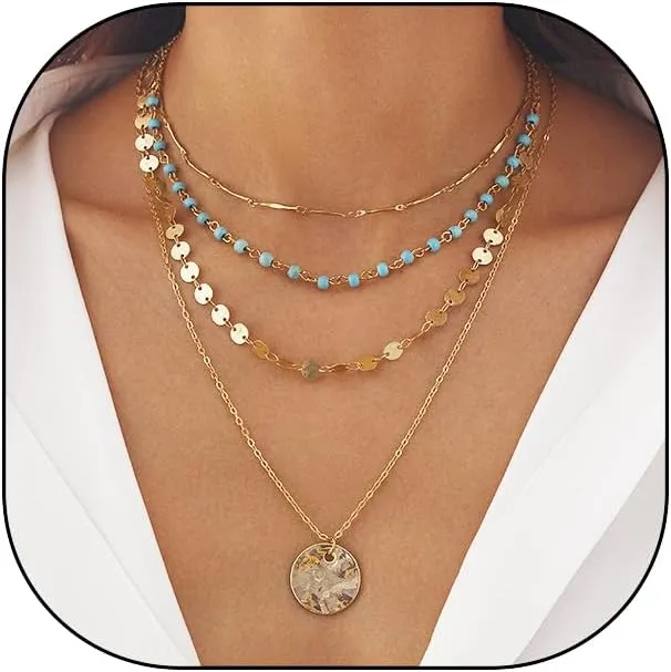 GIGB PBDK Layered Gold Necklaces for Women Boho Turquoise Crystal Choker Necklaces Vintage Coin OT Clasp Pendant Necklaces Country Concert Renaissance Jewelry