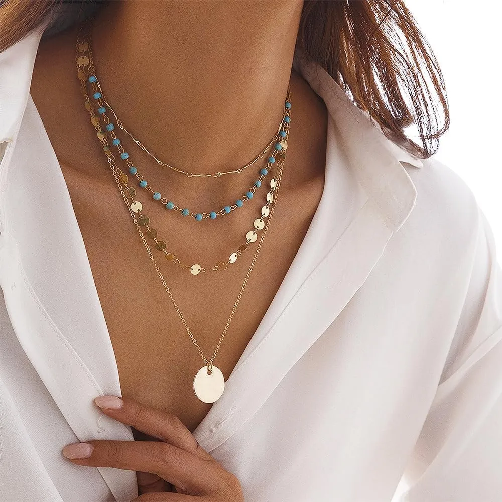 GIGB PBDK Layered Gold Necklaces for Women Boho Turquoise Crystal Choker Necklaces Vintage Coin OT Clasp Pendant Necklaces Country Concert Renaissance Jewelry