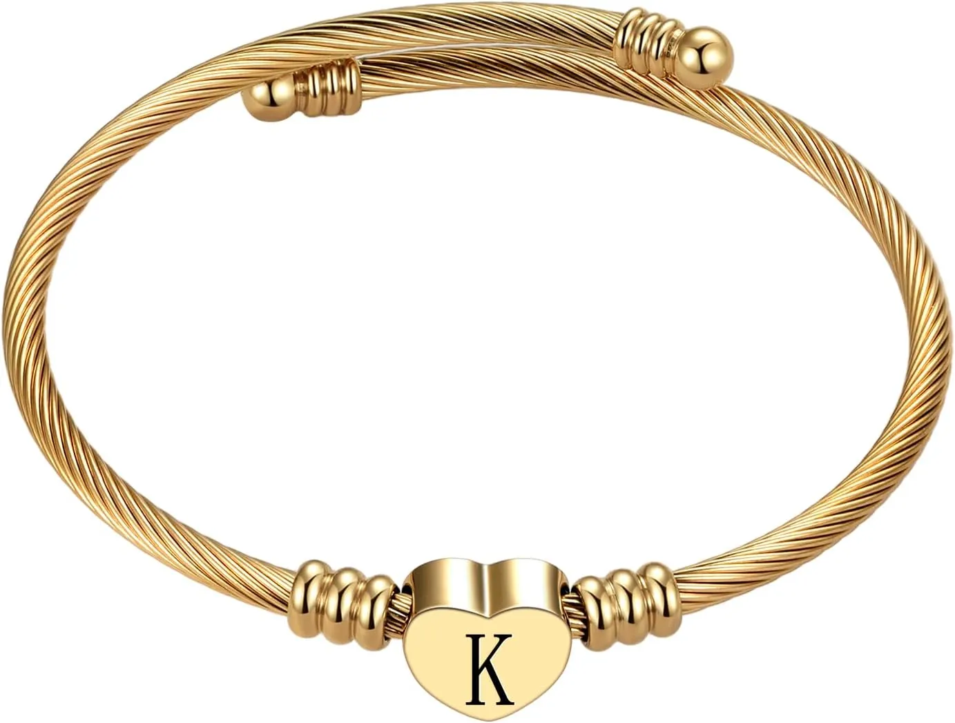 Gold Initial Letter Cuff Bracelets Alphabet A-Z Heart Bangle Bracelets Expandable Stainless Steel Women Personalized Jewelry