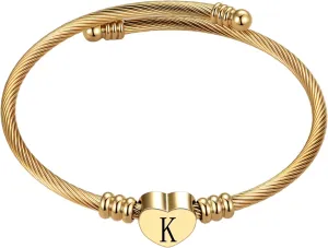 Gold Initial Letter Cuff Bracelets Alphabet A-Z Heart Bangle Bracelets Expandable Stainless Steel Women Personalized Jewelry