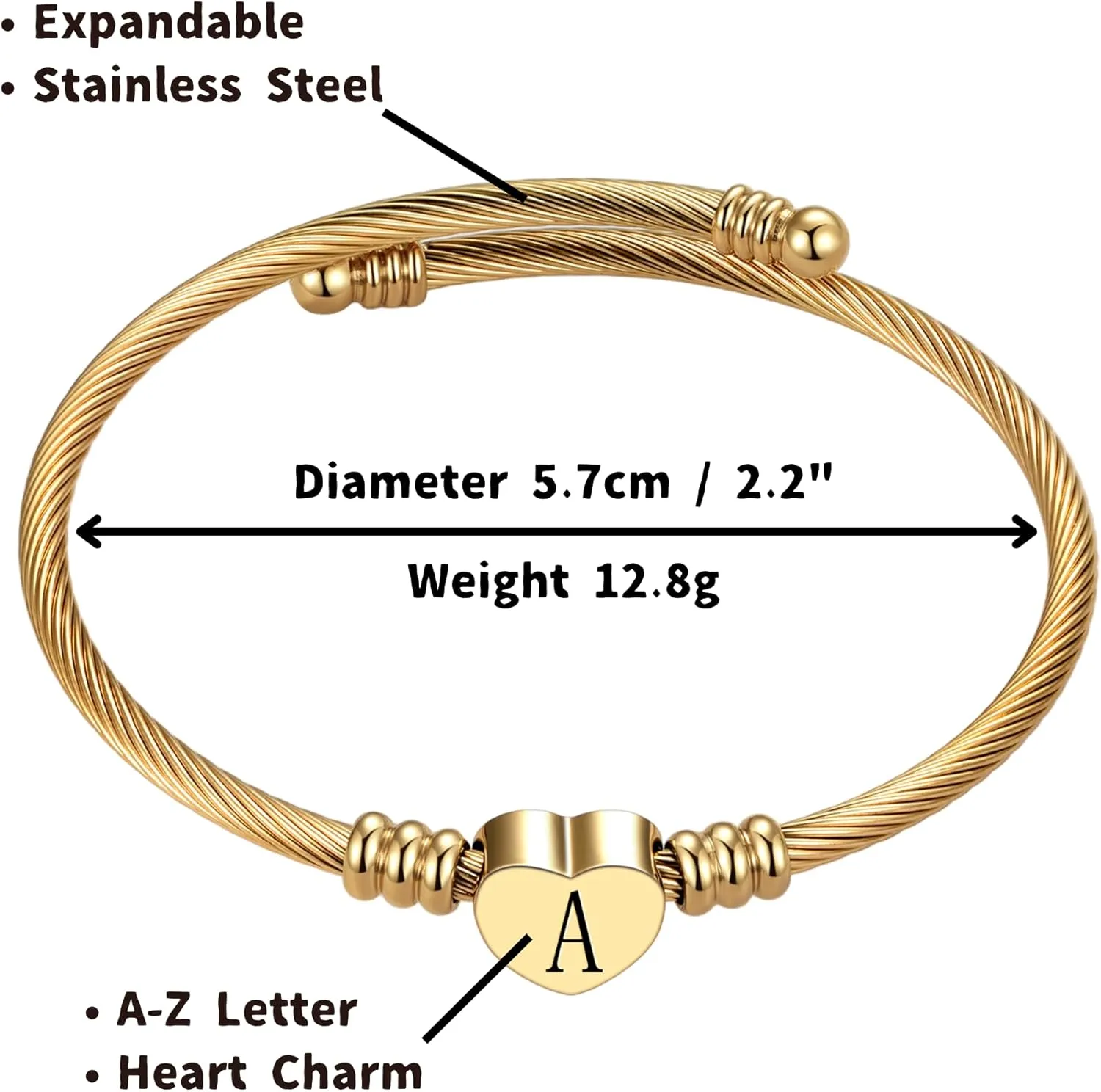 Gold Initial Letter Cuff Bracelets Alphabet A-Z Heart Bangle Bracelets Expandable Stainless Steel Women Personalized Jewelry