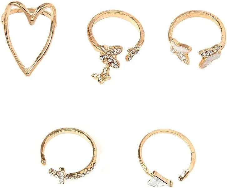 Gold Knuckle Rings Set for Women Girls,5Pcs Boho Crystal Finger Rings Aesthetic Heart Chunky Ring,GoldStackable Midi Rings Pack for Gift