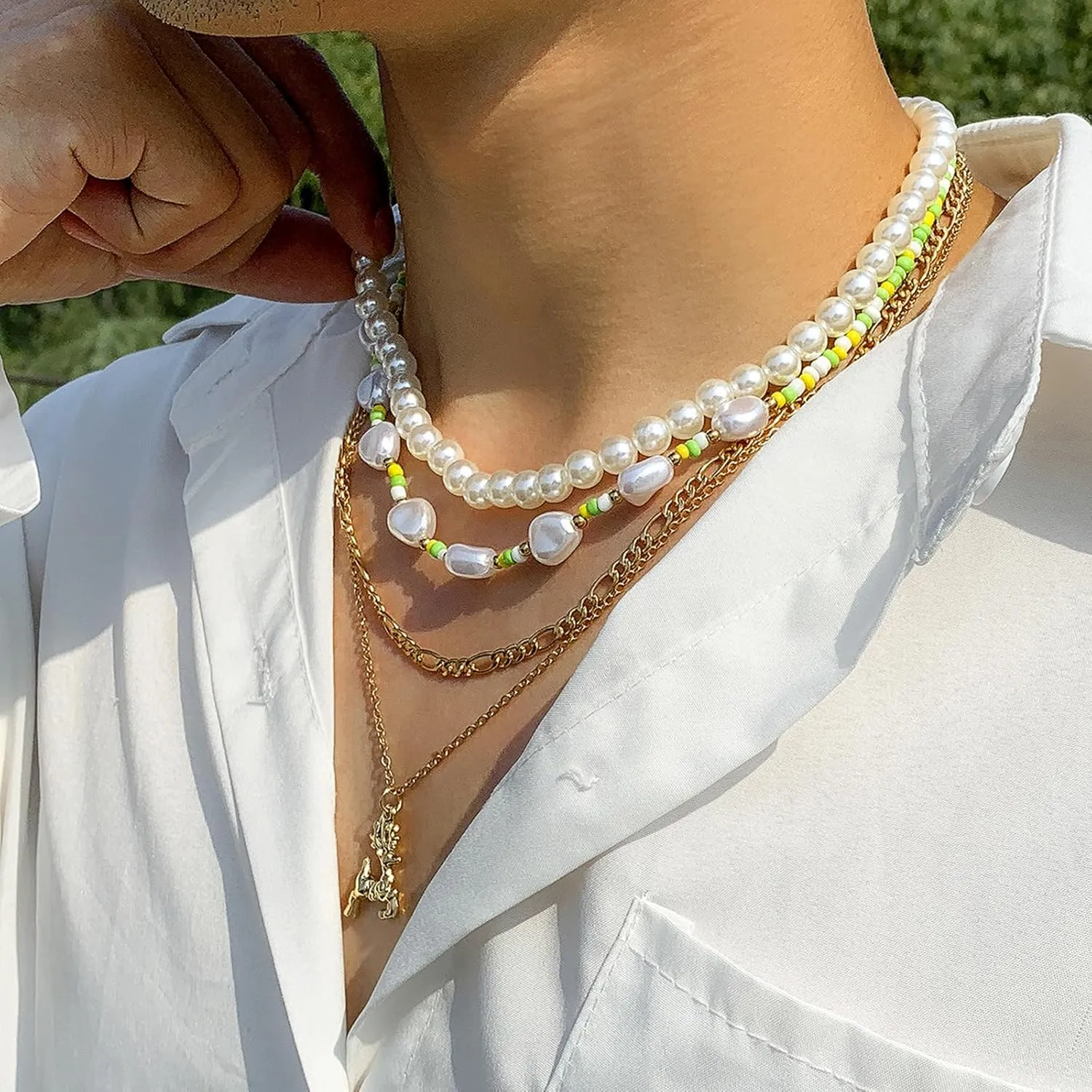 Gold Layered Necklaces for Women Dainty Pearl Pendant Necklace for Women Multilayer Baroque Pearl Necklace Boho Link Chain Necklace Jewelry Gifts