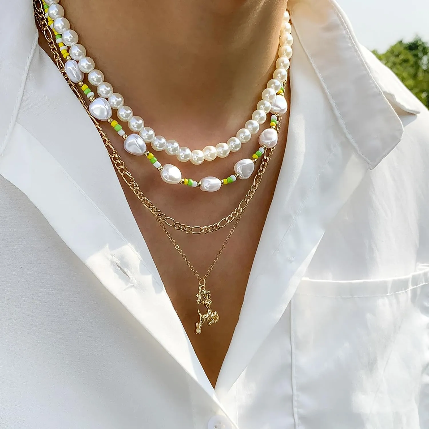 Gold Layered Necklaces for Women Dainty Pearl Pendant Necklace for Women Multilayer Baroque Pearl Necklace Boho Link Chain Necklace Jewelry Gifts