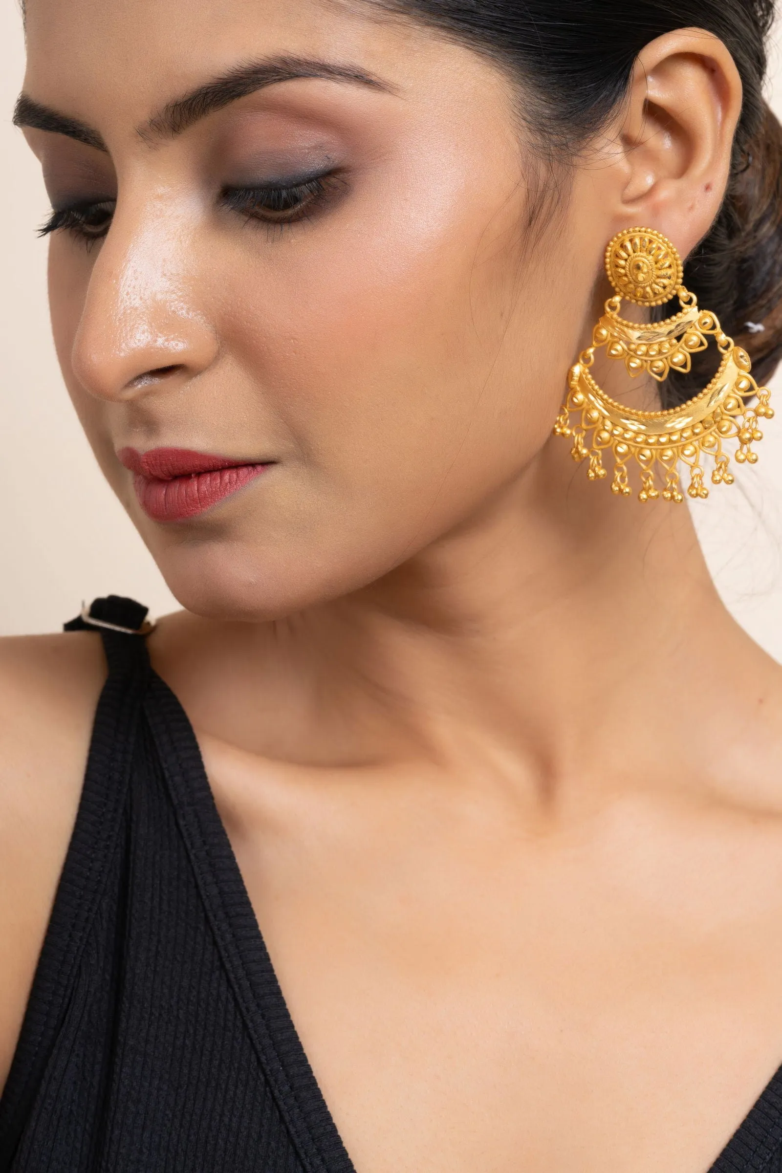 Gold Plated Two Layer Chandbali Earrings with Round Stud Design -Designer Copper Jewelry