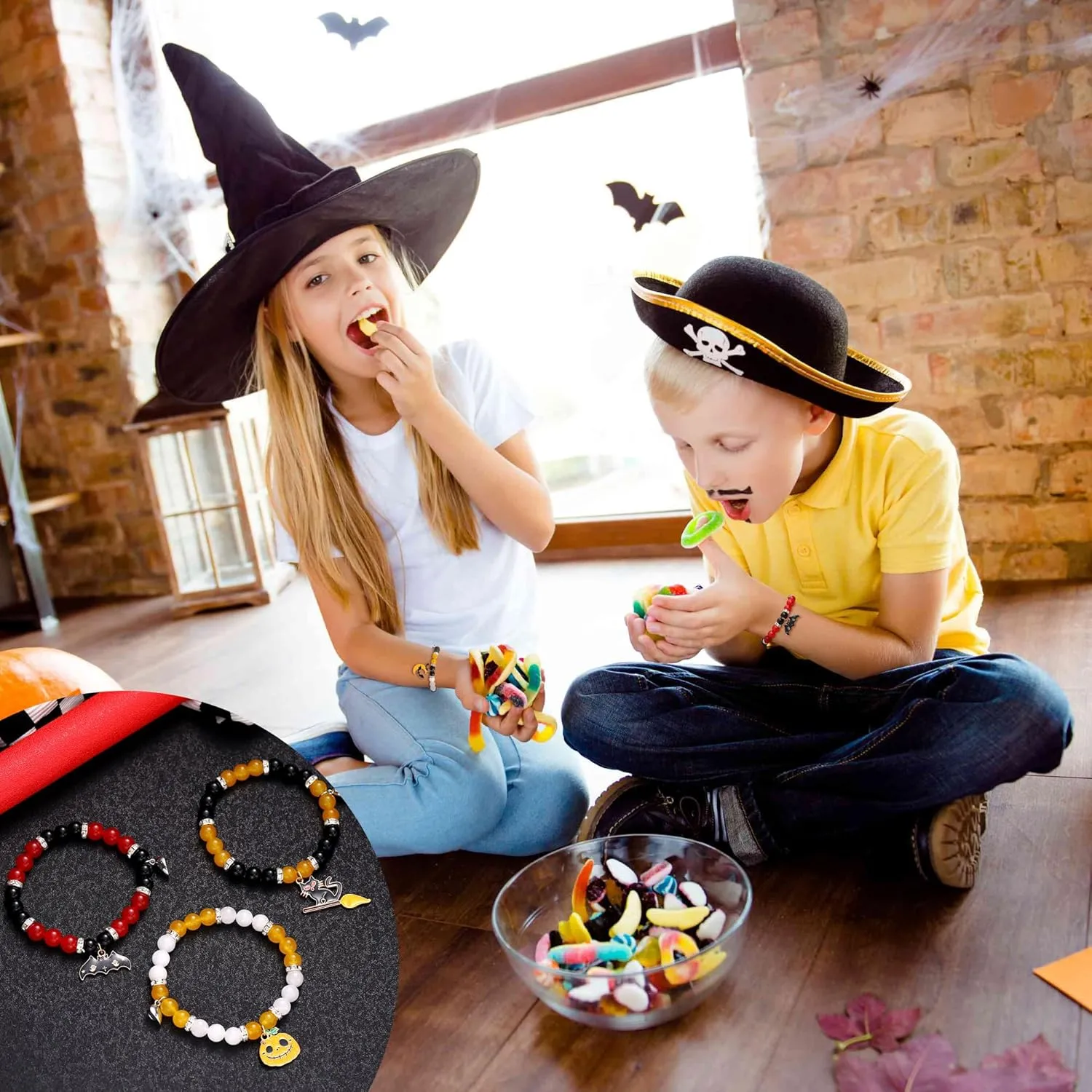 Halloween Bracelets Halloween Gifts for Women Halloween Themed 2 Pcs Beaded Matching Bracelets with Pumpkin Bat Ghost Grim Reaper Charm Accessories Halloween Party Decorations Jewelry