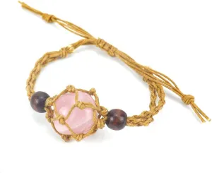 Handmade Beaded Bracelet, Suitable for Men and Women, Handwoven Brown Natural Stone Mesh Bag Bracelet, Adjustable and Stretchable Mesh Bag Holder (Pink)