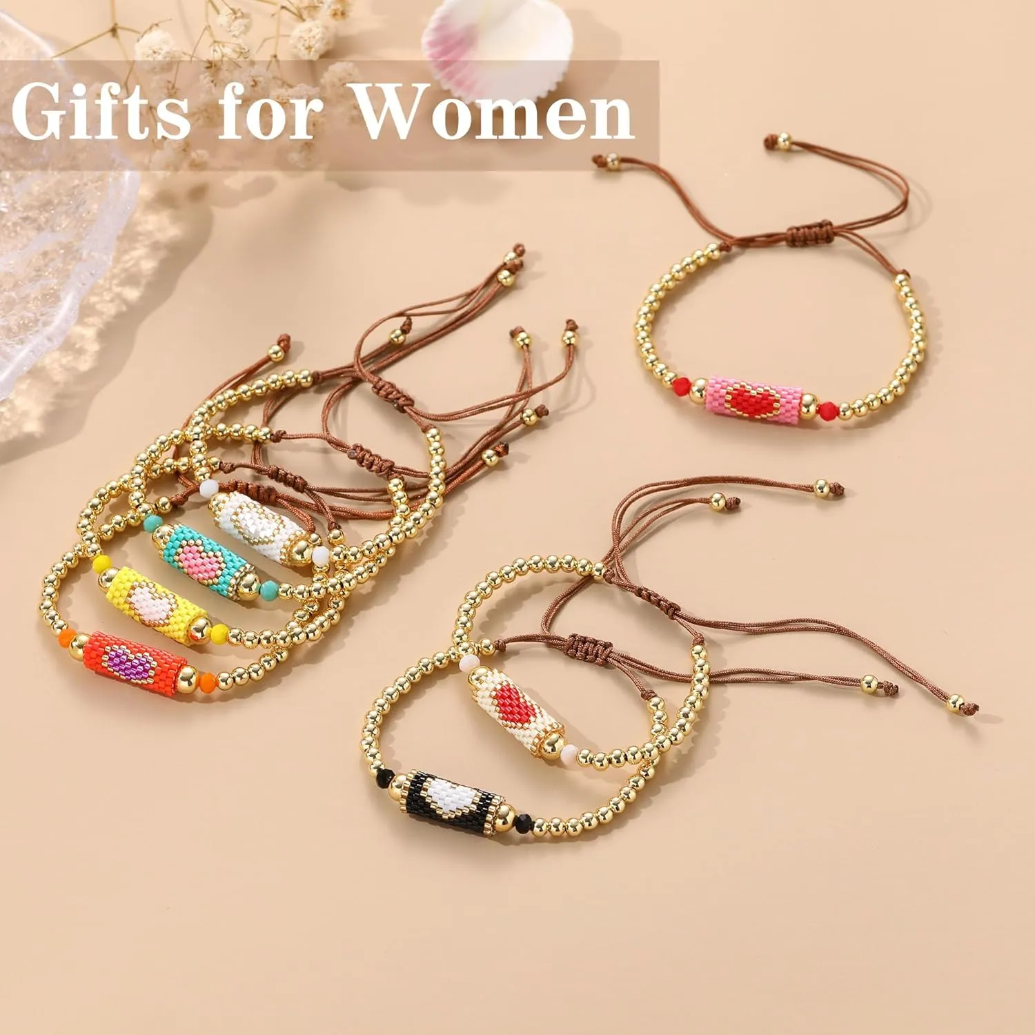 Heart Bracelets for Women Gold Beaded Bracelets Handmade Braided Rope Bracelets Small Cute Multi Color Summer Bracelets for Women Birthday Gifts