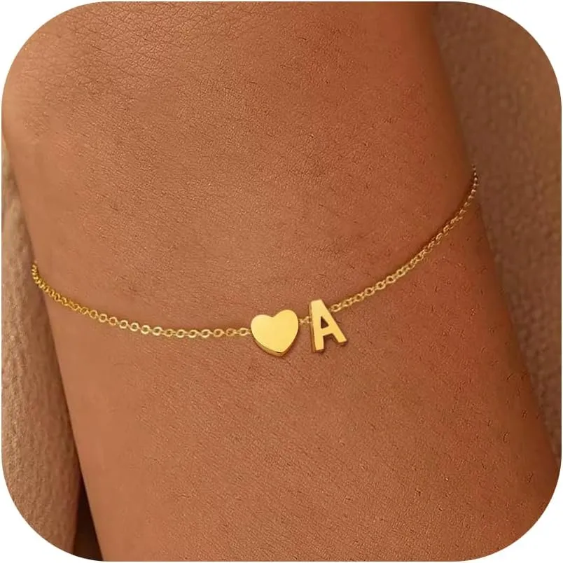 Heart Initial Bracelets for Women - 18K Gold Plated Initial Bracelets Dainty Gold Bracelets Dainty A-Z Initial Letter Bracelets Gold Jewelry Heart Initial Bracelets for Women Gifts