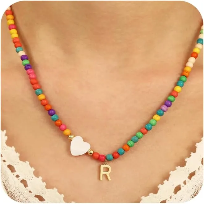 Initial Necklaces for Women, Beaded Heart Initial Necklace for Womens Trendy Letter Beads Choker Necklaces Jewelry Personalized Gifts for Women Girls Trendy Stuff