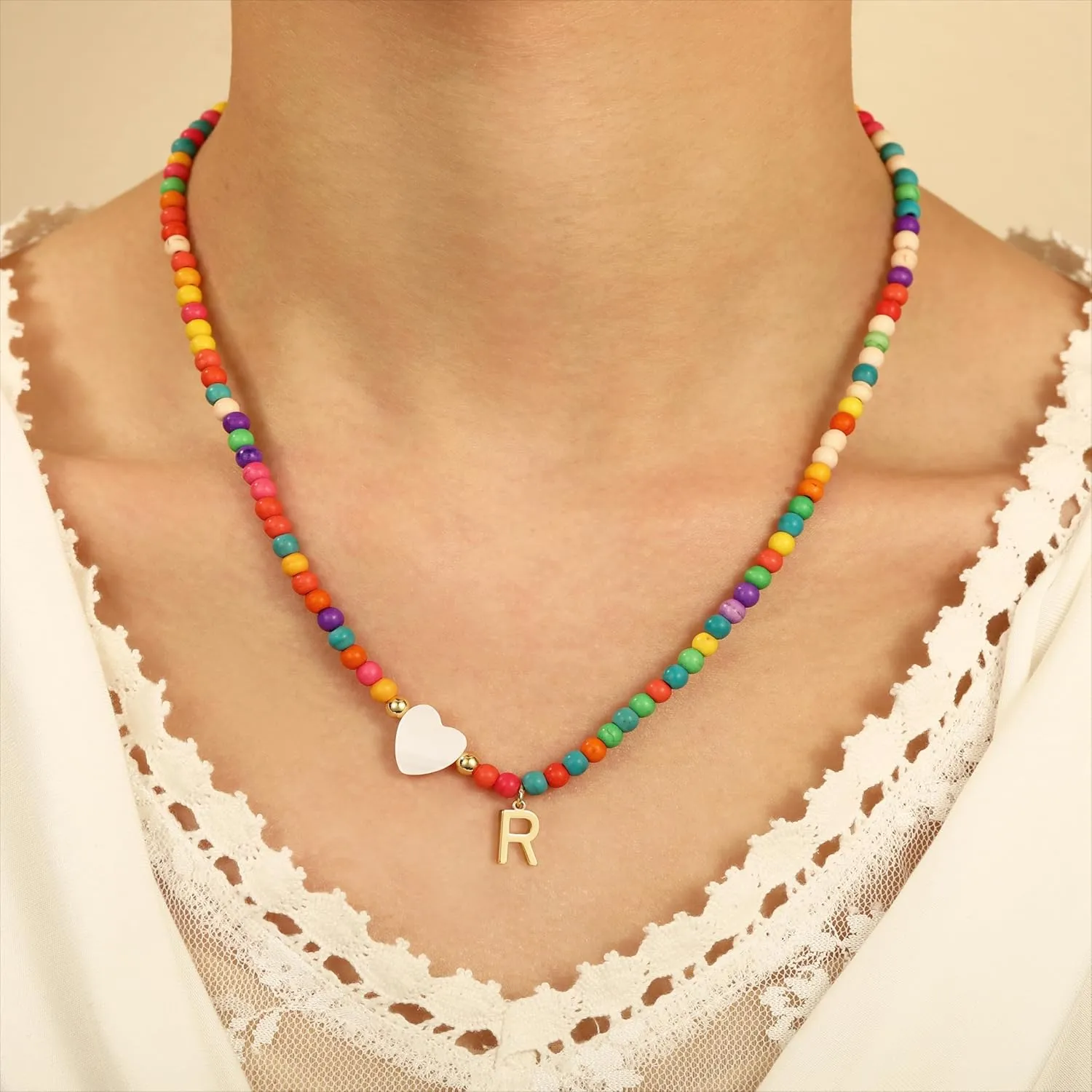 Initial Necklaces for Women, Beaded Heart Initial Necklace for Womens Trendy Letter Beads Choker Necklaces Jewelry Personalized Gifts for Women Girls Trendy Stuff
