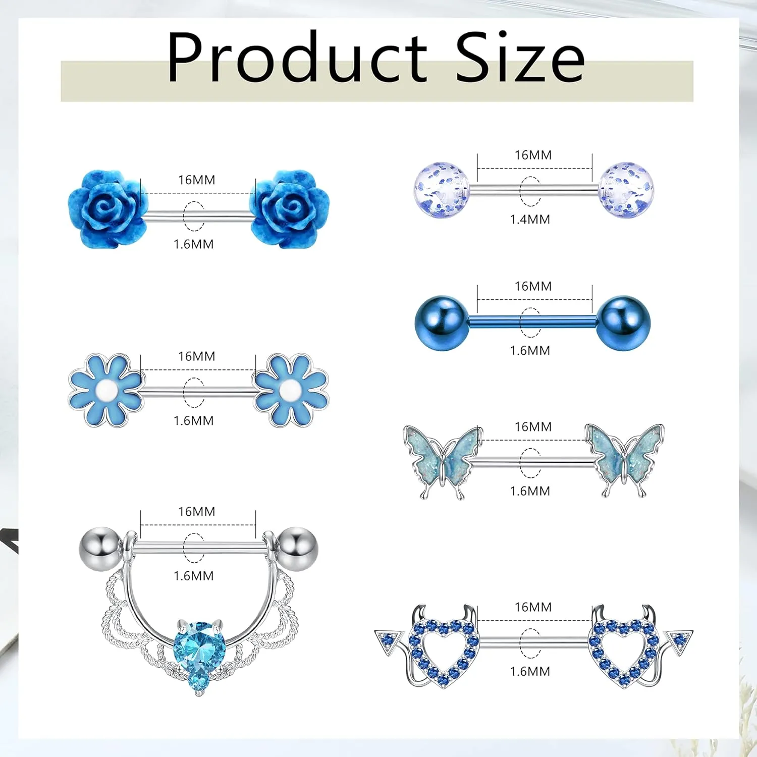 JeryWe 7 Pairs 14G Nipple Rings for Women 316L Stainless Steel Heart Butterfly CZ Flower Barbell Nipple Rings Set Cute Nipplerings Piercing Jewelry