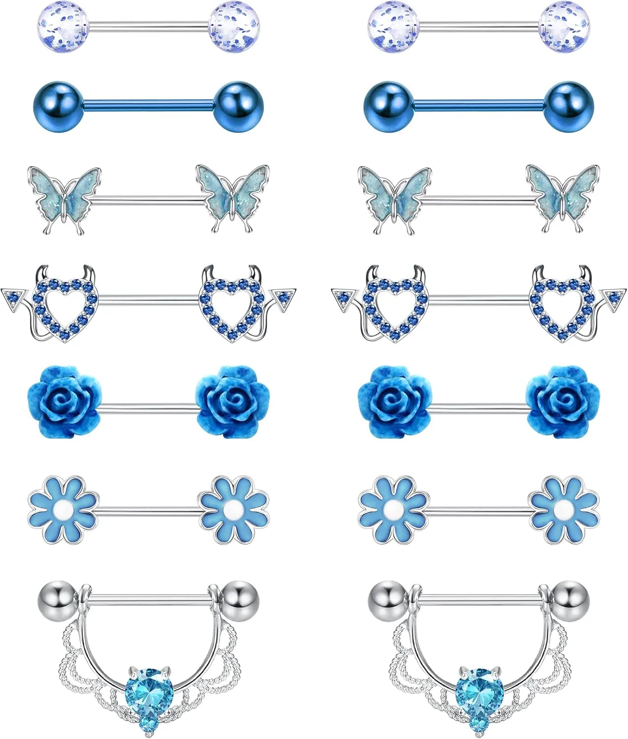 JeryWe 7 Pairs 14G Nipple Rings for Women 316L Stainless Steel Heart Butterfly CZ Flower Barbell Nipple Rings Set Cute Nipplerings Piercing Jewelry