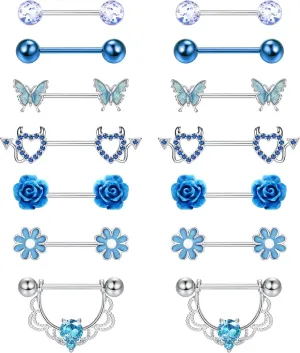 JeryWe 7 Pairs 14G Nipple Rings for Women 316L Stainless Steel Heart Butterfly CZ Flower Barbell Nipple Rings Set Cute Nipplerings Piercing Jewelry