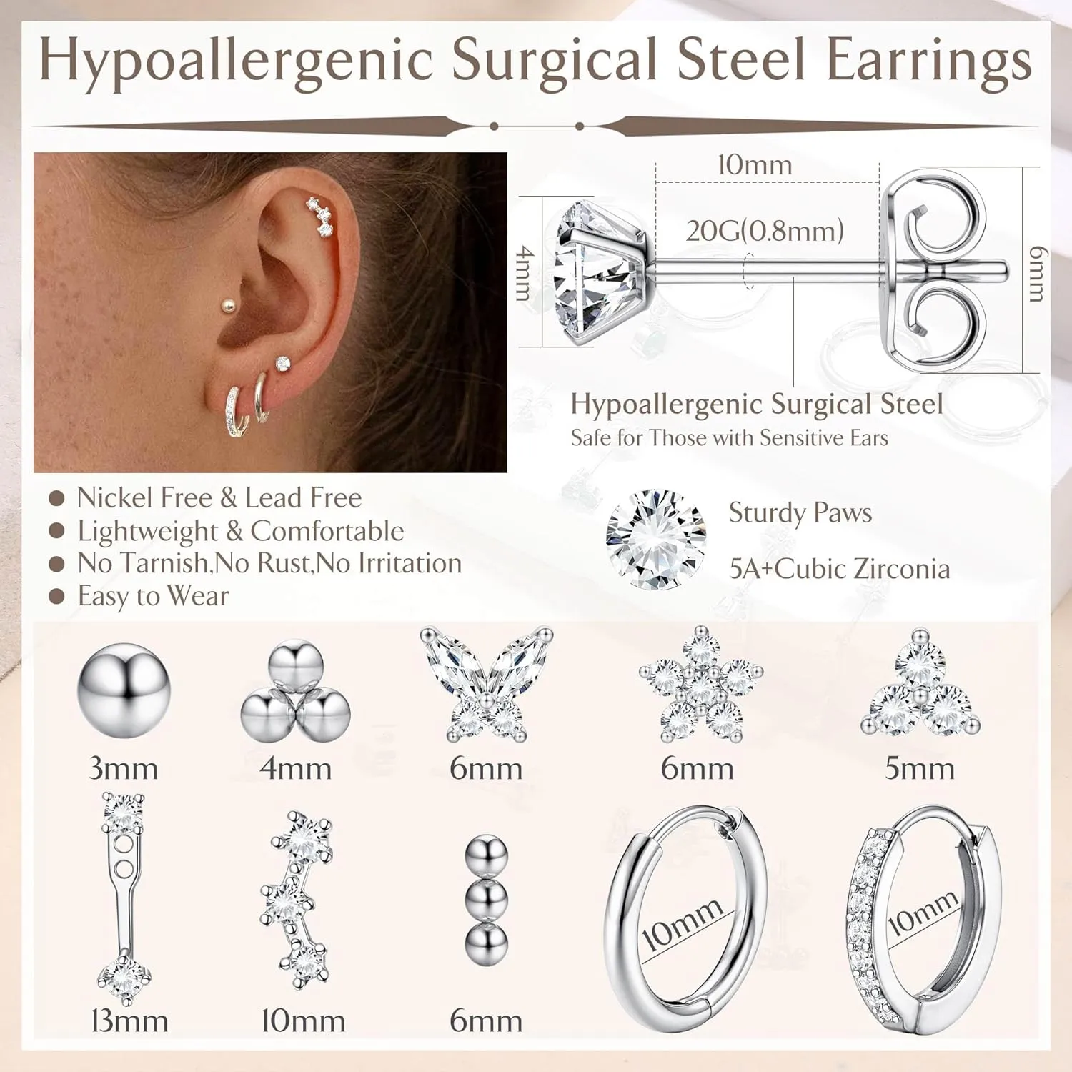 Jstyle Hypoallergenic Surgical Steel Earrings for Women 14K Gold Earring Stack Set Stainless Steel Stud Earrings Dainty Huggie Hoop Cartilage Earring Sets for Multiple Piercing