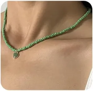 Jumwrit Colourful Beaded Choker Necklaces Handmade Heart Pendant Necklaces Cute Necklaces for WomenGREEN