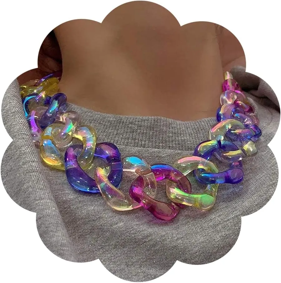 Jumwrit Punk Acrylic Colourful Chunky Paperclip Choker Statement Long Charming Necklaces Accessories for Women
