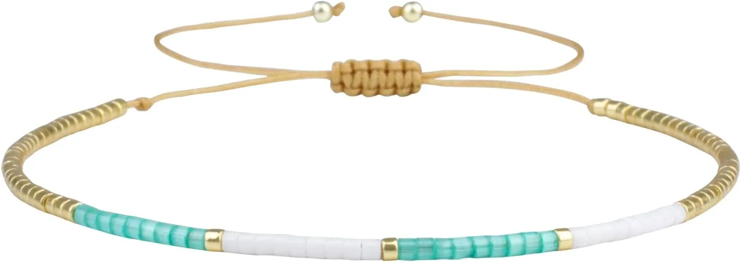 KELITCH Miyuki Bead Bracelets Mix Color Rope Strand Bracelets Handmade Tiny Bracelets for Women (White Light Green 24N)
