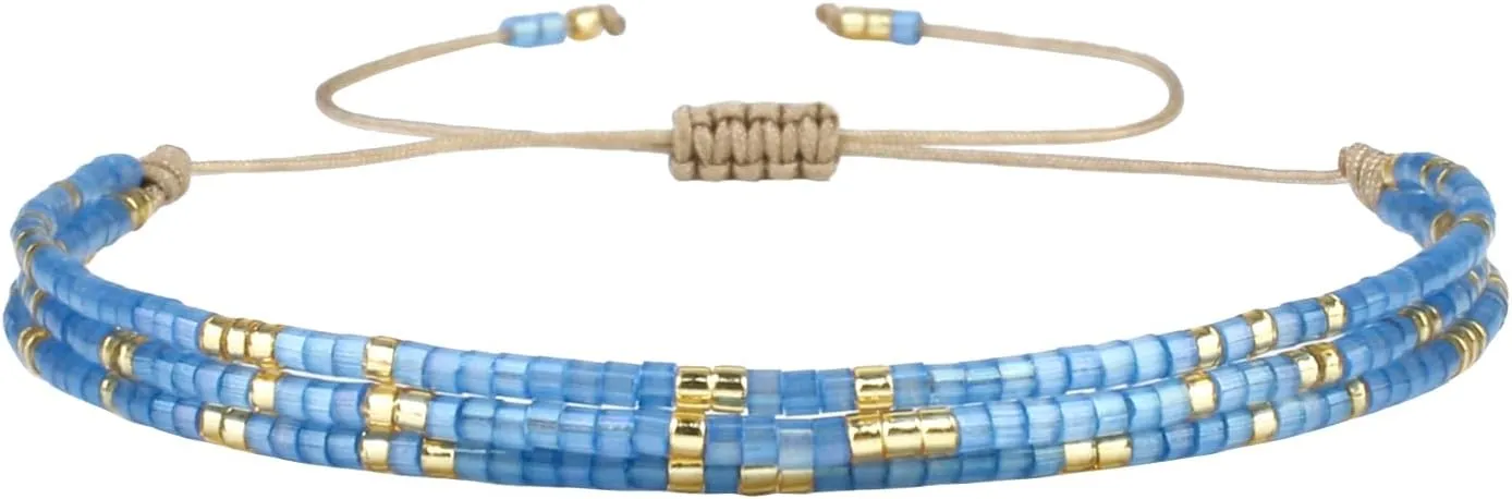 KELITCH Miyuki Multi Strand Bracelets Colorful Mix Gold Bead Bracelets Handmade Beach Bracelets for Women (Dark Blue 40J)