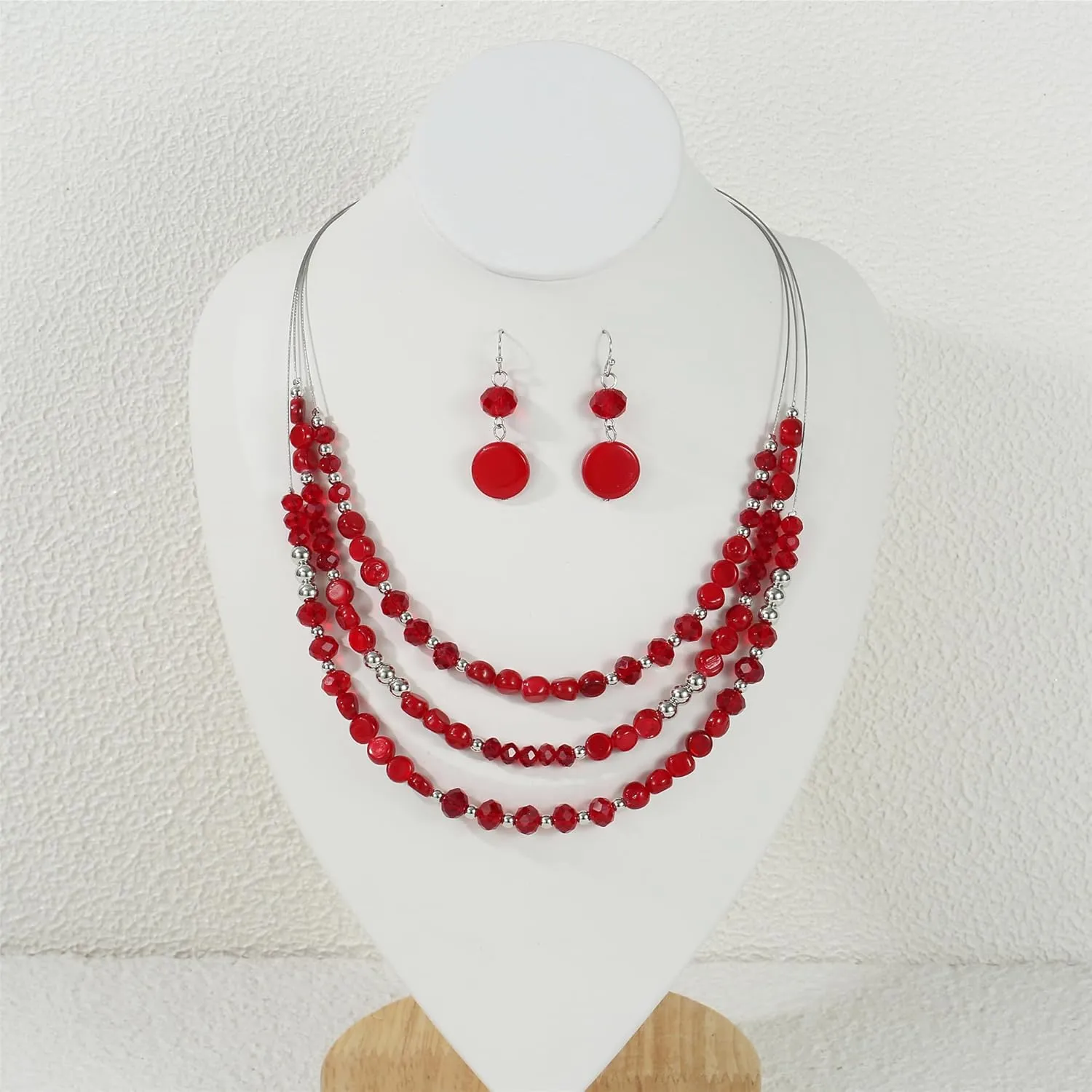 Layered Beaded Statement Necklaces with Earrings Multi Strand Crystal Beads Choker Necklaces for Women Fashion Costume Jewelry Party Gifts