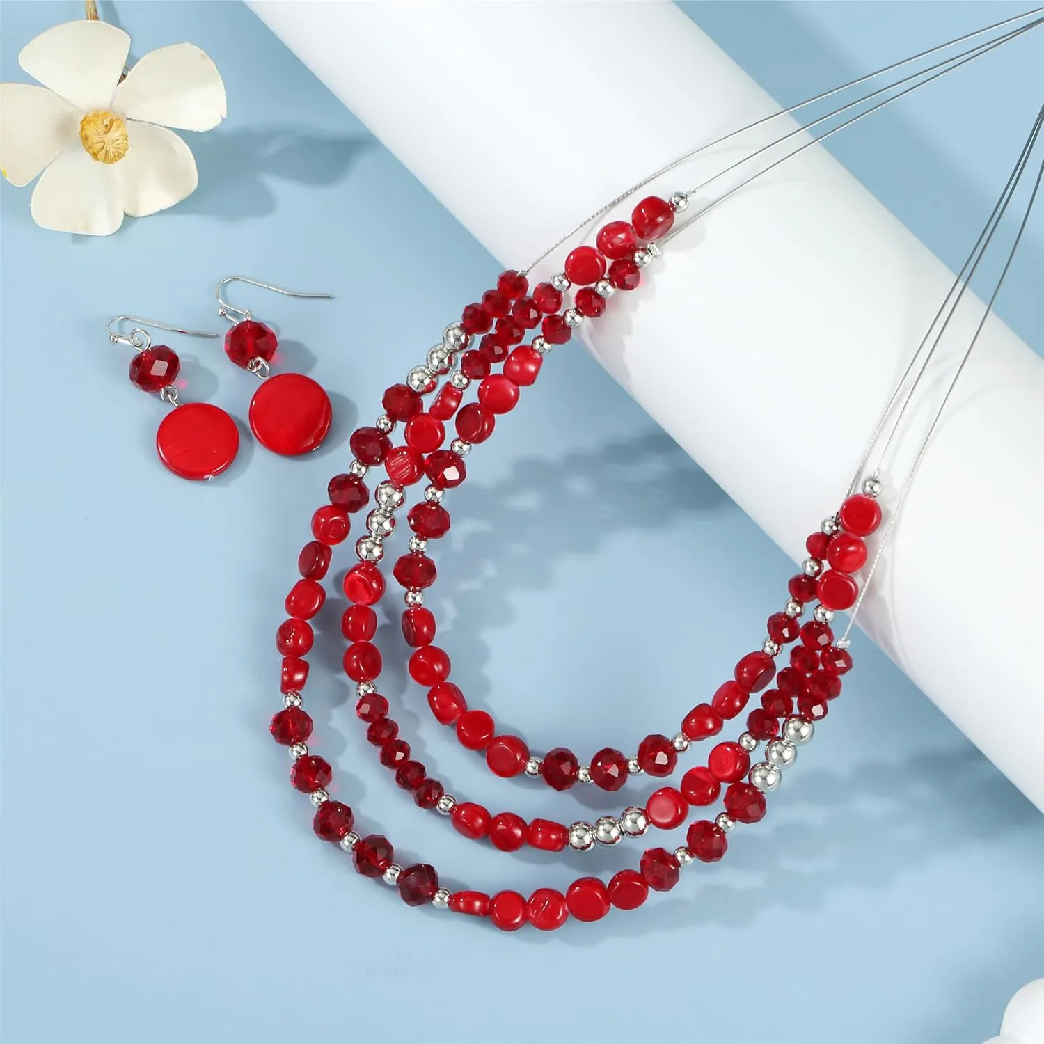 Layered Beaded Statement Necklaces with Earrings Multi Strand Crystal Beads Choker Necklaces for Women Fashion Costume Jewelry Party Gifts