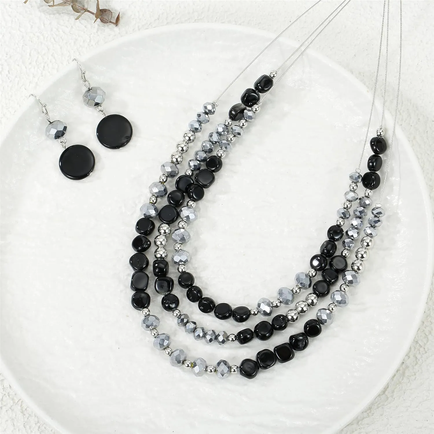 Layered Beaded Statement Necklaces with Earrings Multi Strand Crystal Beads Choker Necklaces for Women Fashion Costume Jewelry Party Gifts