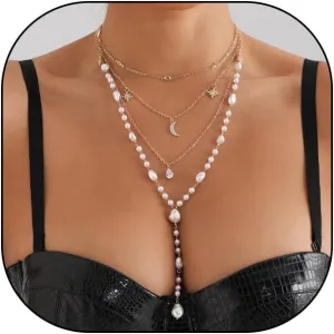 Layered Necklaces for Women Dainty 14K Gold Pearl Star Moon Choker Necklaces Stackable Cubic Zirconia Butterfly Tassel Necklaces Prom Jewelry Gifts