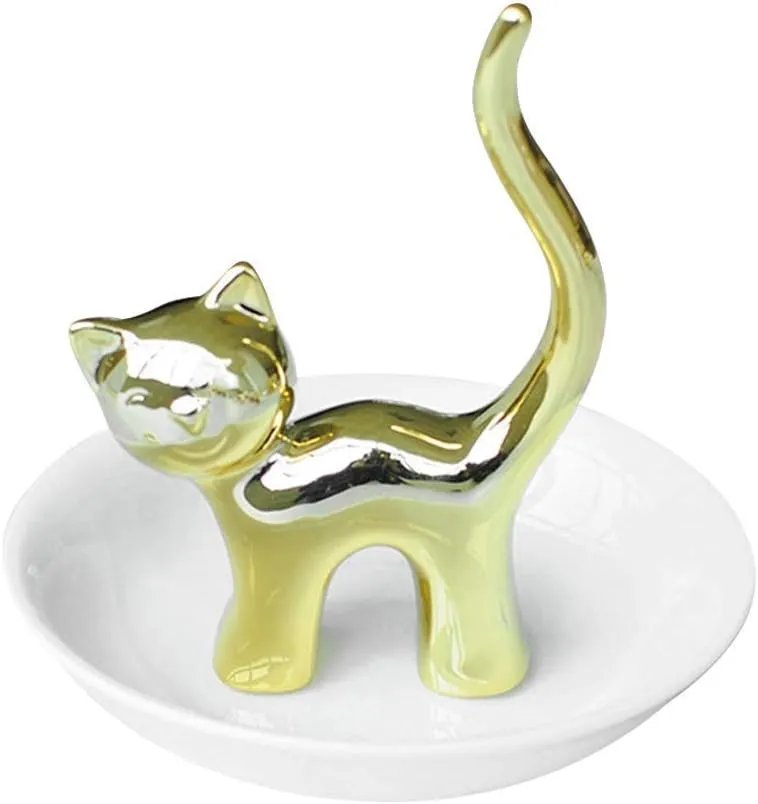 Lependor Cat Holder Ring Dish Cute Animals Jewelry Holder Rings Bracelets Earrings Trinket Tray for Women Girls Birthday Gift - Gold Cat