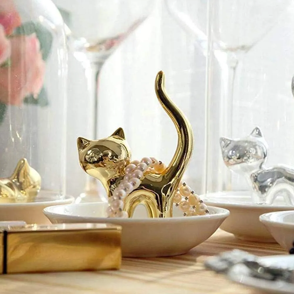 Lependor Cat Holder Ring Dish Cute Animals Jewelry Holder Rings Bracelets Earrings Trinket Tray for Women Girls Birthday Gift - Gold Cat