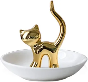 Lependor Cat Holder Ring Dish Cute Animals Jewelry Holder Rings Bracelets Earrings Trinket Tray for Women Girls Birthday Gift - Gold Cat