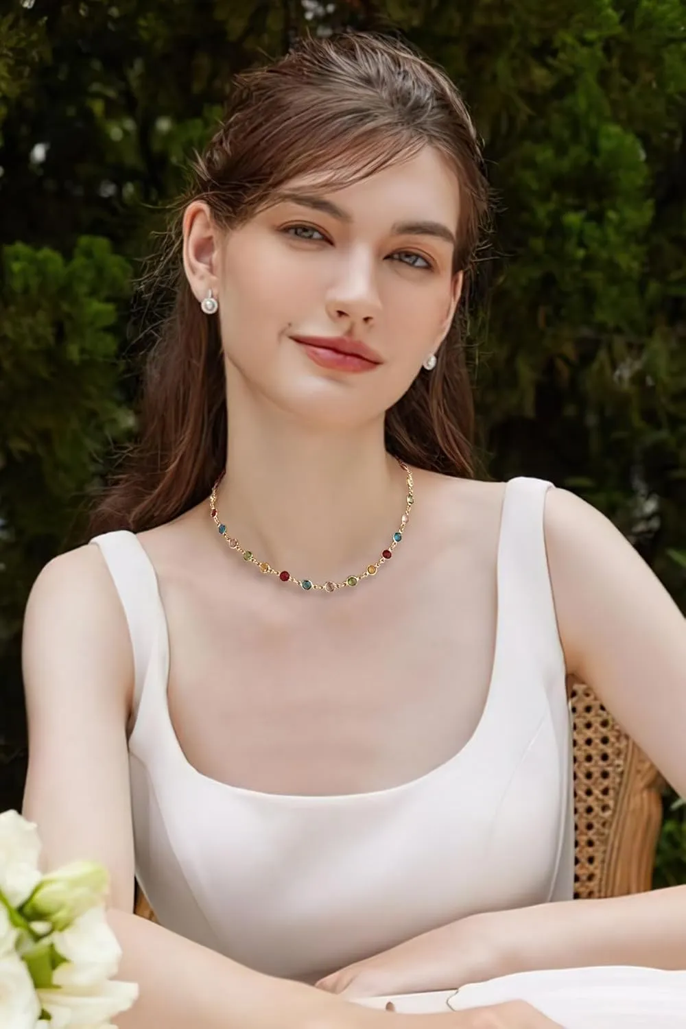 LILIE&WHITE Gold Necklace For Women With Colorful Round Rhinestones Beaded Chain Necklaces OvalGold Chokers Necklaces Fashion Jewelry