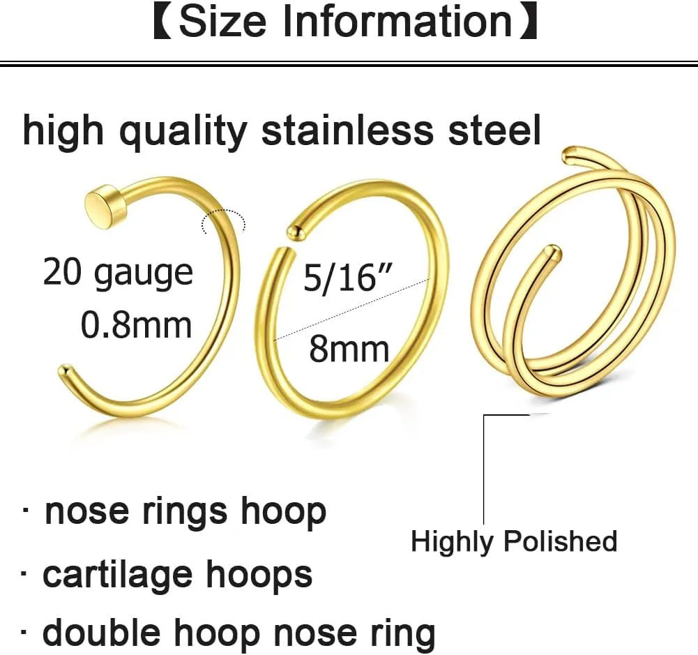 Longita 20g Nose Rings Hoop L Shape Nose Studs Stainless Steel Nose Screw Bone Flat Top Diamond Opal Heart High Nostril Piercing Jewelry Silver Rose Gold Black Pack for Women Men