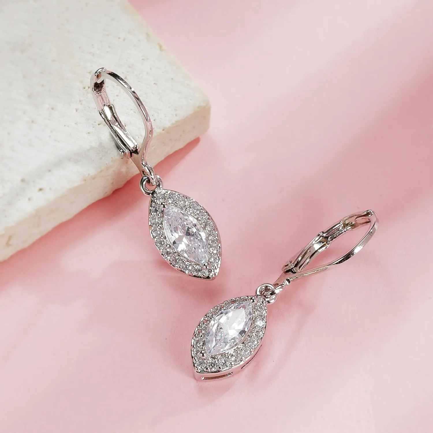 MDFUN Dangle Earrings 18K White Gold Plated Round Princess Halo Square Heart Teardrop Eye Cut Clear Cubic Zirconia Drop Earrings for Women Hypoallergenic