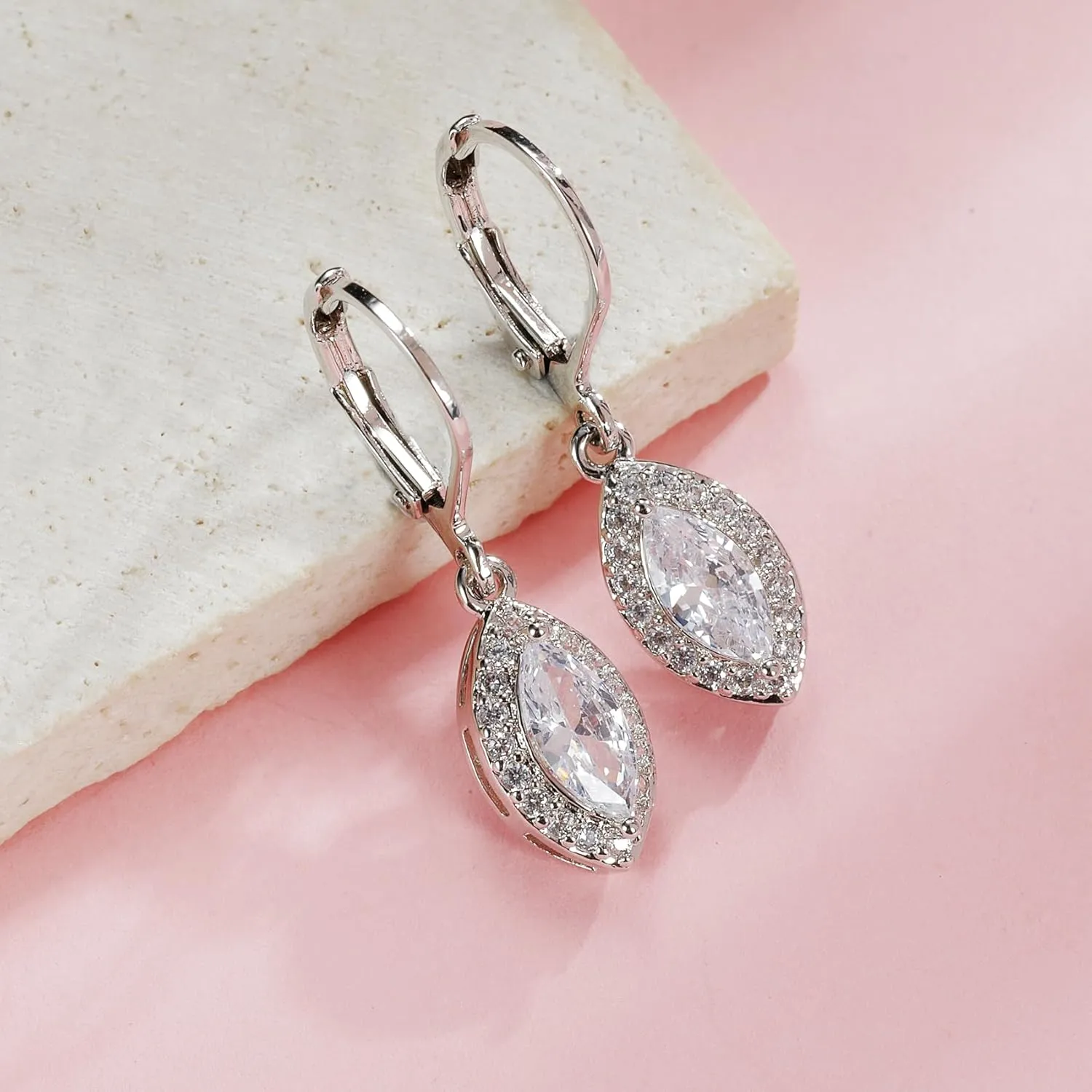 MDFUN Dangle Earrings 18K White Gold Plated Round Princess Halo Square Heart Teardrop Eye Cut Clear Cubic Zirconia Drop Earrings for Women Hypoallergenic