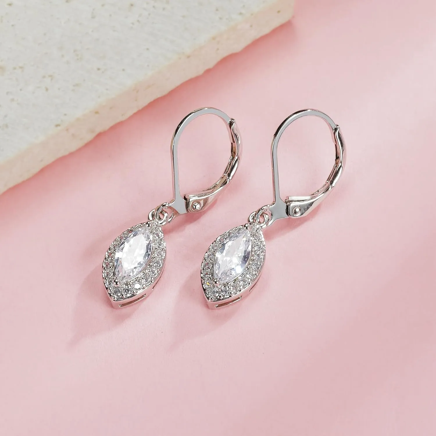 MDFUN Dangle Earrings 18K White Gold Plated Round Princess Halo Square Heart Teardrop Eye Cut Clear Cubic Zirconia Drop Earrings for Women Hypoallergenic