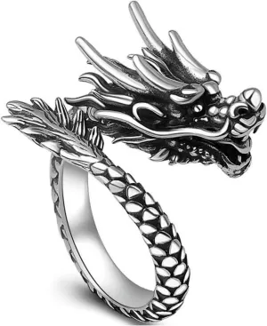 Mens Thai Silver Dragon Fidget Adjustable Rings For Men Women,Retro Silver Dragon Vintage Flying Dragon Biker Open Band Anxiety Ring For Men,Man Punk Motorcycle Knuckle Ring Jewelry