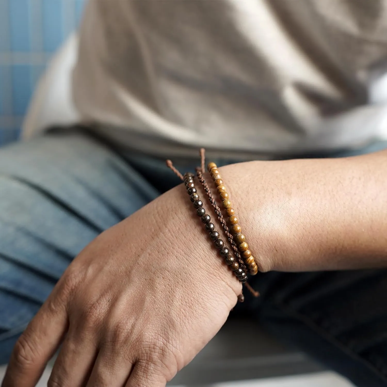 Mezcla Vida 3 Pcs Handmade Natural Gemstone Beaded Healing Bracelet, Adjustable Waterproof Rope Bracelet Set, Valentines Day Birthday Gifts for Boyfriend Husband Him (Bronzite & wooden line jasper)