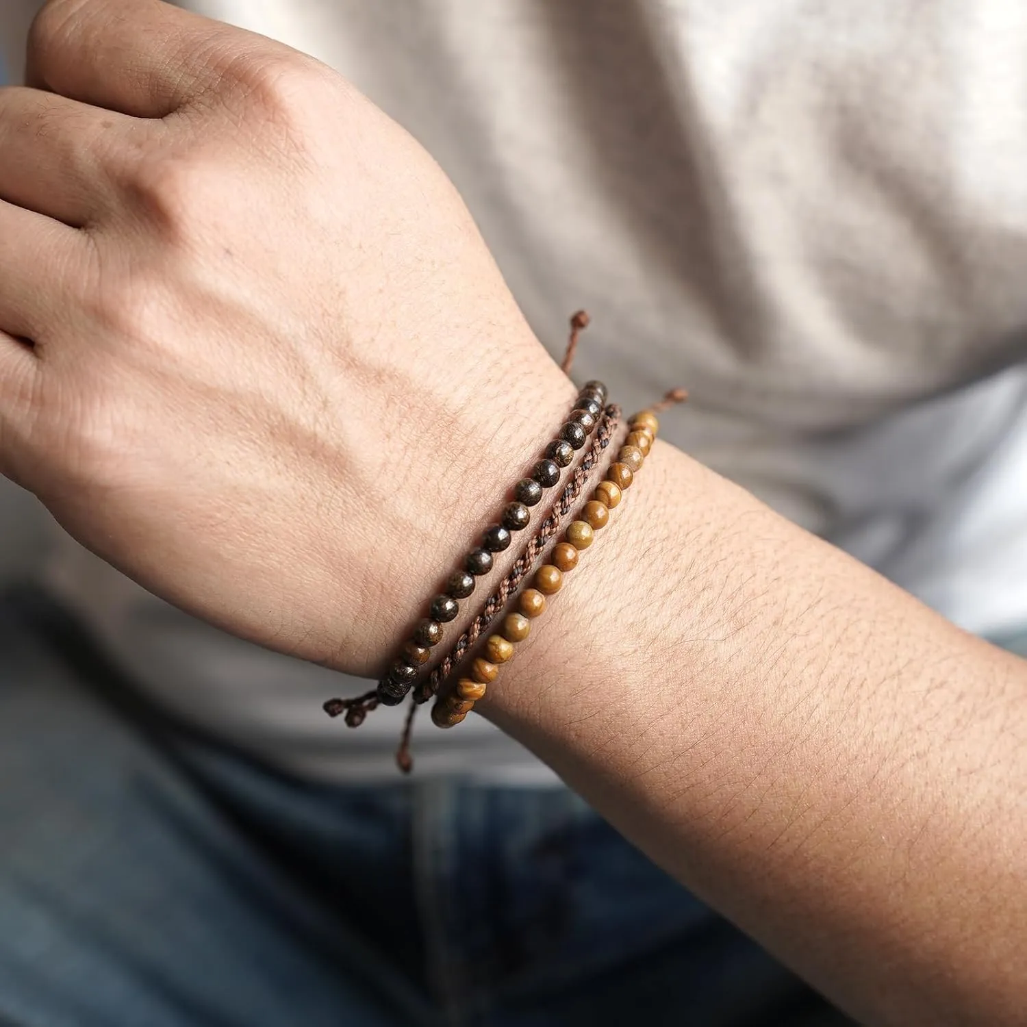 Mezcla Vida 3 Pcs Handmade Natural Gemstone Beaded Healing Bracelet, Adjustable Waterproof Rope Bracelet Set, Valentines Day Birthday Gifts for Boyfriend Husband Him (Bronzite & wooden line jasper)