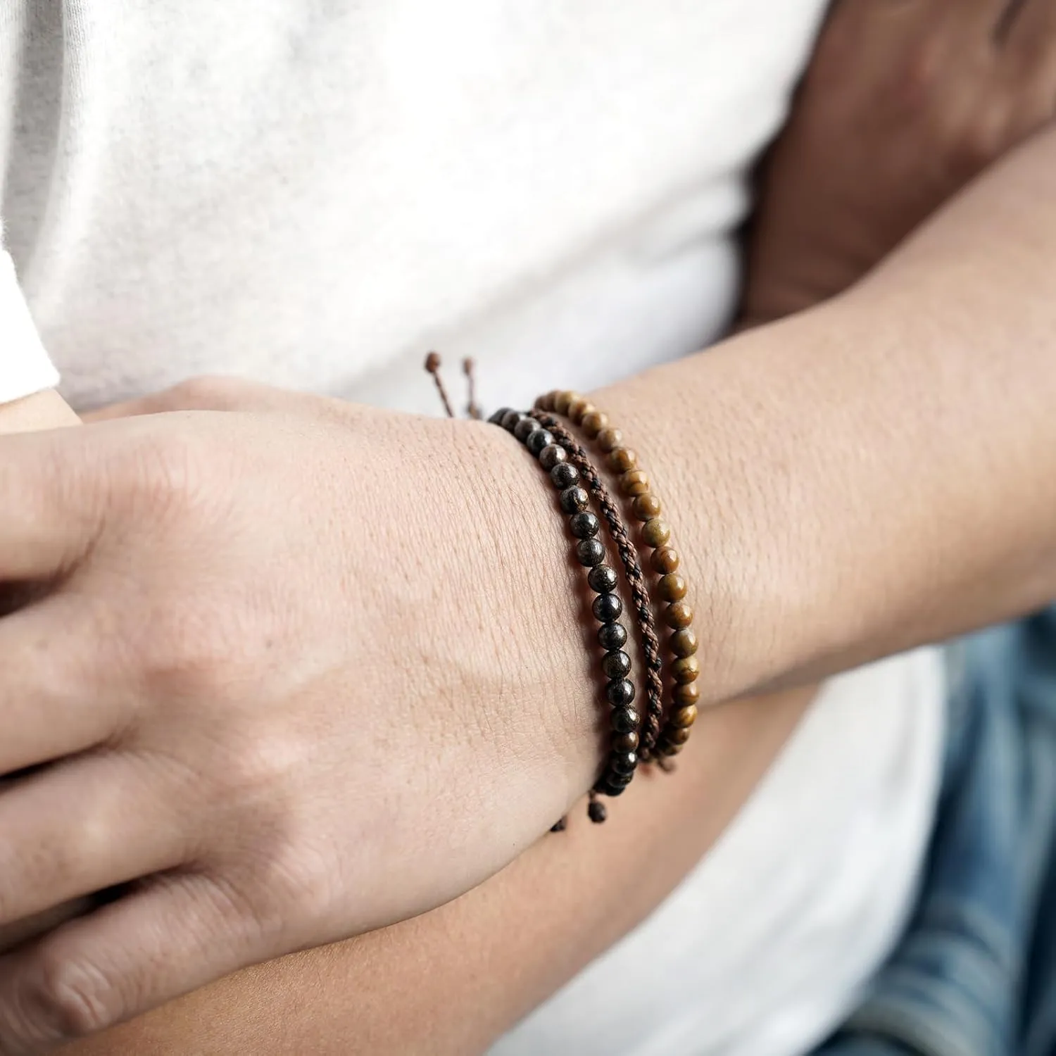 Mezcla Vida 3 Pcs Handmade Natural Gemstone Beaded Healing Bracelet, Adjustable Waterproof Rope Bracelet Set, Valentines Day Birthday Gifts for Boyfriend Husband Him (Bronzite & wooden line jasper)