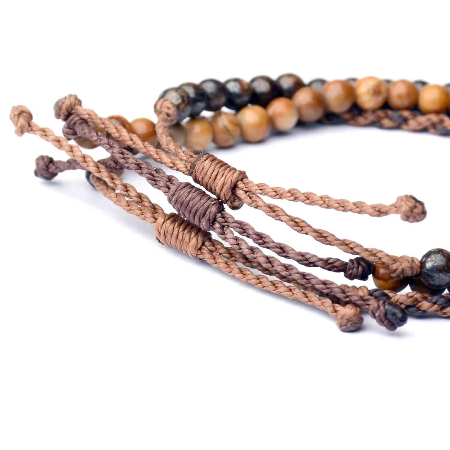 Mezcla Vida 3 Pcs Handmade Natural Gemstone Beaded Healing Bracelet, Adjustable Waterproof Rope Bracelet Set, Valentines Day Birthday Gifts for Boyfriend Husband Him (Bronzite & wooden line jasper)