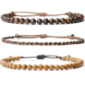 Mezcla Vida 3 Pcs Handmade Natural Gemstone Beaded Healing Bracelet, Adjustable Waterproof Rope Bracelet Set, Valentines Day Birthday Gifts for Boyfriend Husband Him (Bronzite & wooden line jasper)