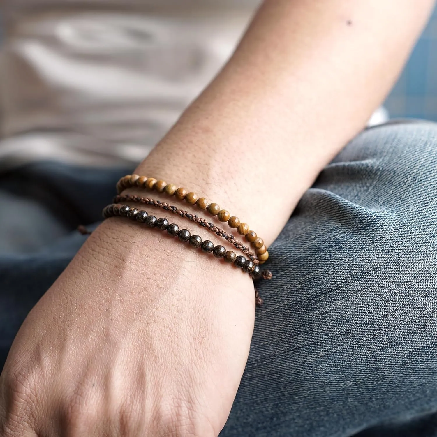 Mezcla Vida 3 Pcs Handmade Natural Gemstone Beaded Healing Bracelet, Adjustable Waterproof Rope Bracelet Set, Valentines Day Birthday Gifts for Boyfriend Husband Him (Bronzite & wooden line jasper)
